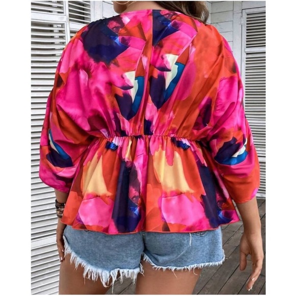 Plus Vibrant V Neck Batwing Sleeve Blouse 1X 2X 3X 4X - Picture 2 of 3